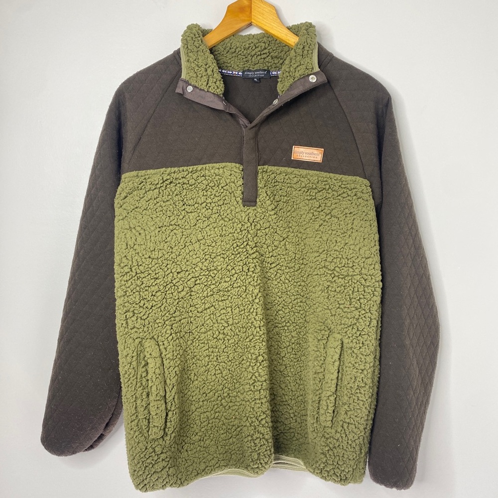 Simply Southern Quilted Fleece Pullover Jacket Sweatshirt Green Brown Womens XL